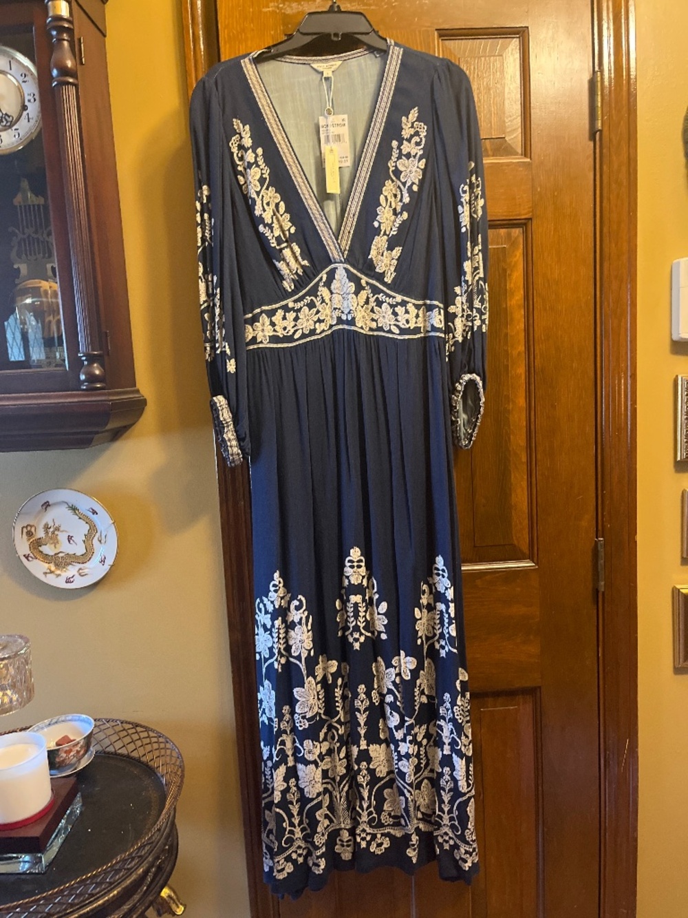 NWT Max Studio Navy Blue Maxi Dress with Cream floral embellishment.  Lg.